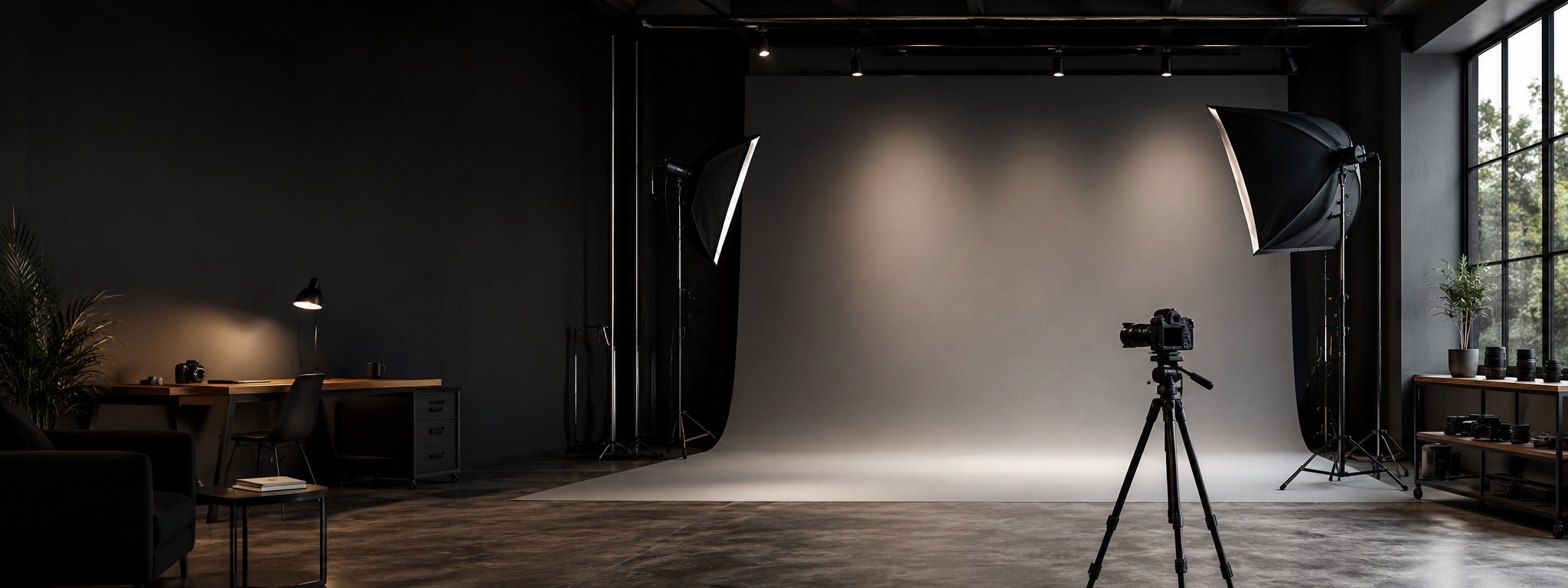A professional dark photography studio with a camera, backdrop and softbox lights