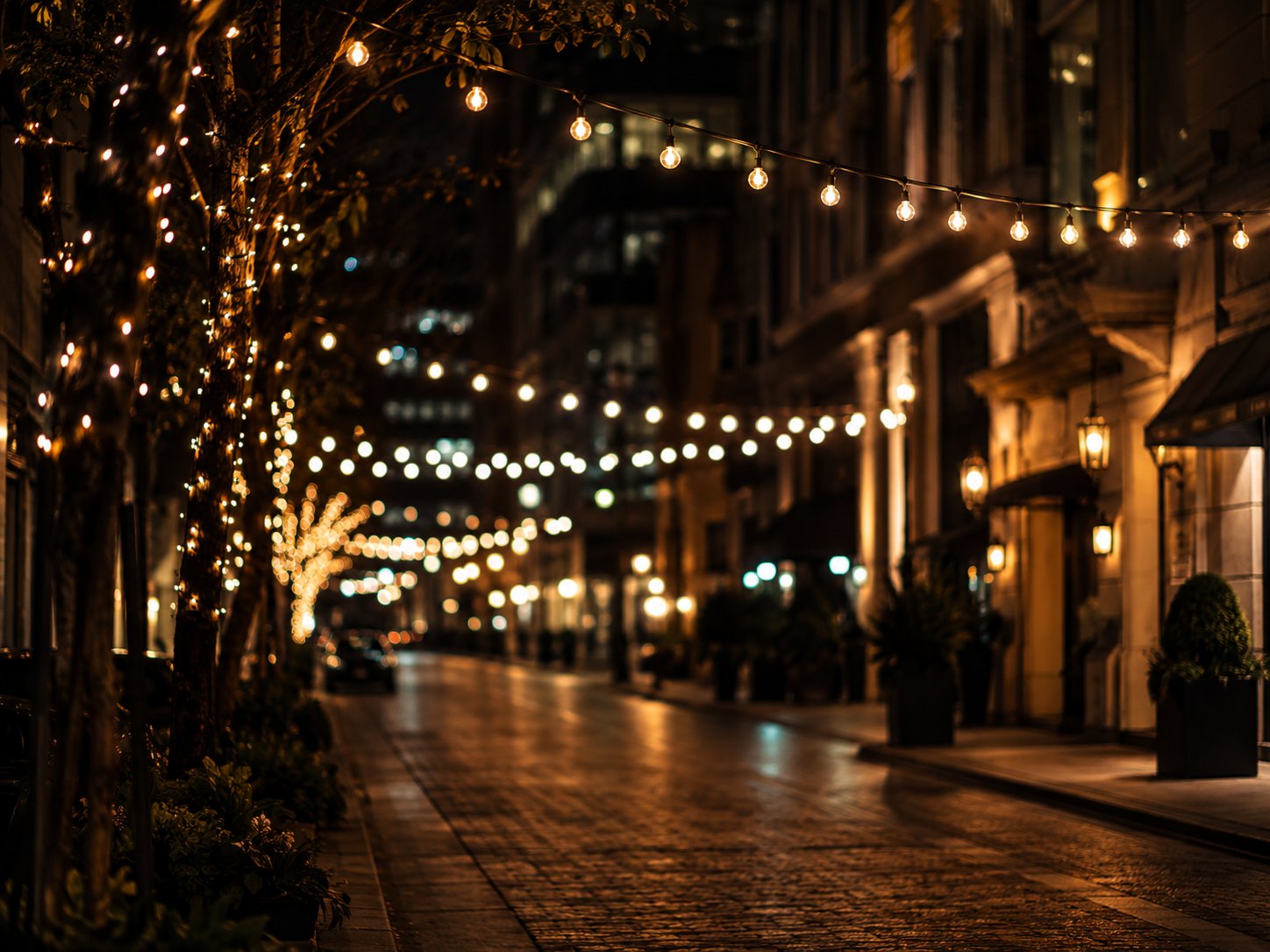 A quiet city street decorated with warm string lights at night