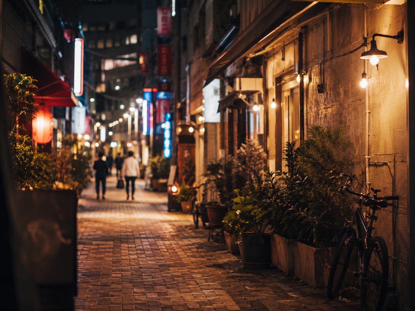 A narrow urban lane with warm lamps, plants and a bicycle