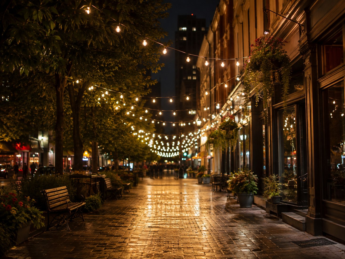 A wet pedestrian street beneath rows of string lights