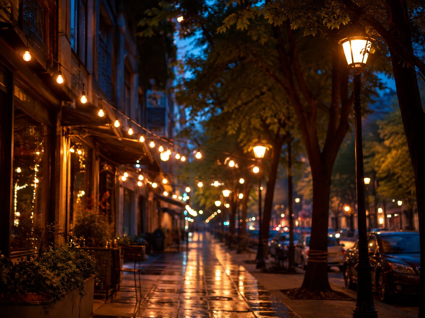 A tree-lined boulevard at blue hour with warm street lamps