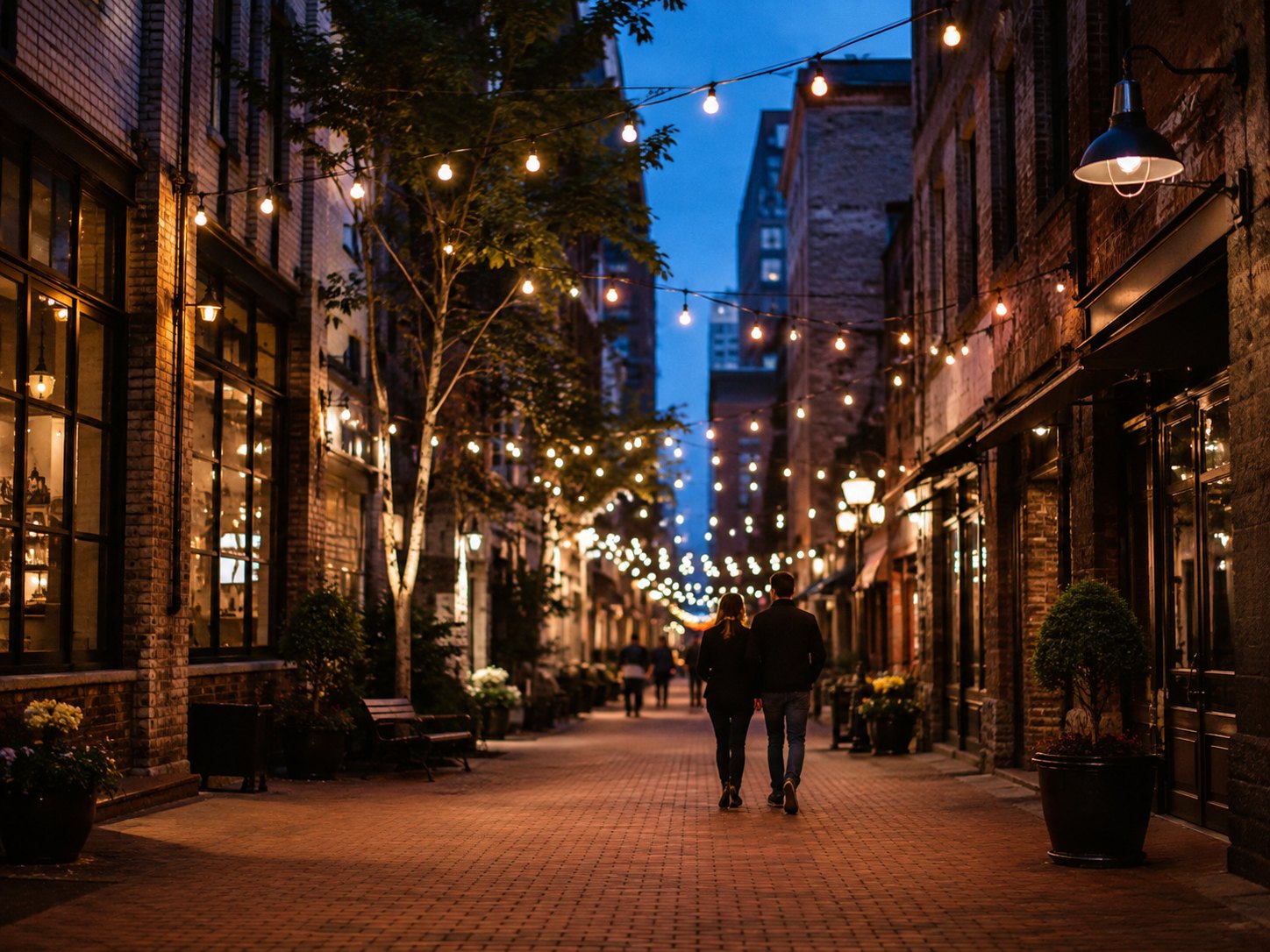 A narrow brick alley beneath rows of hanging lights