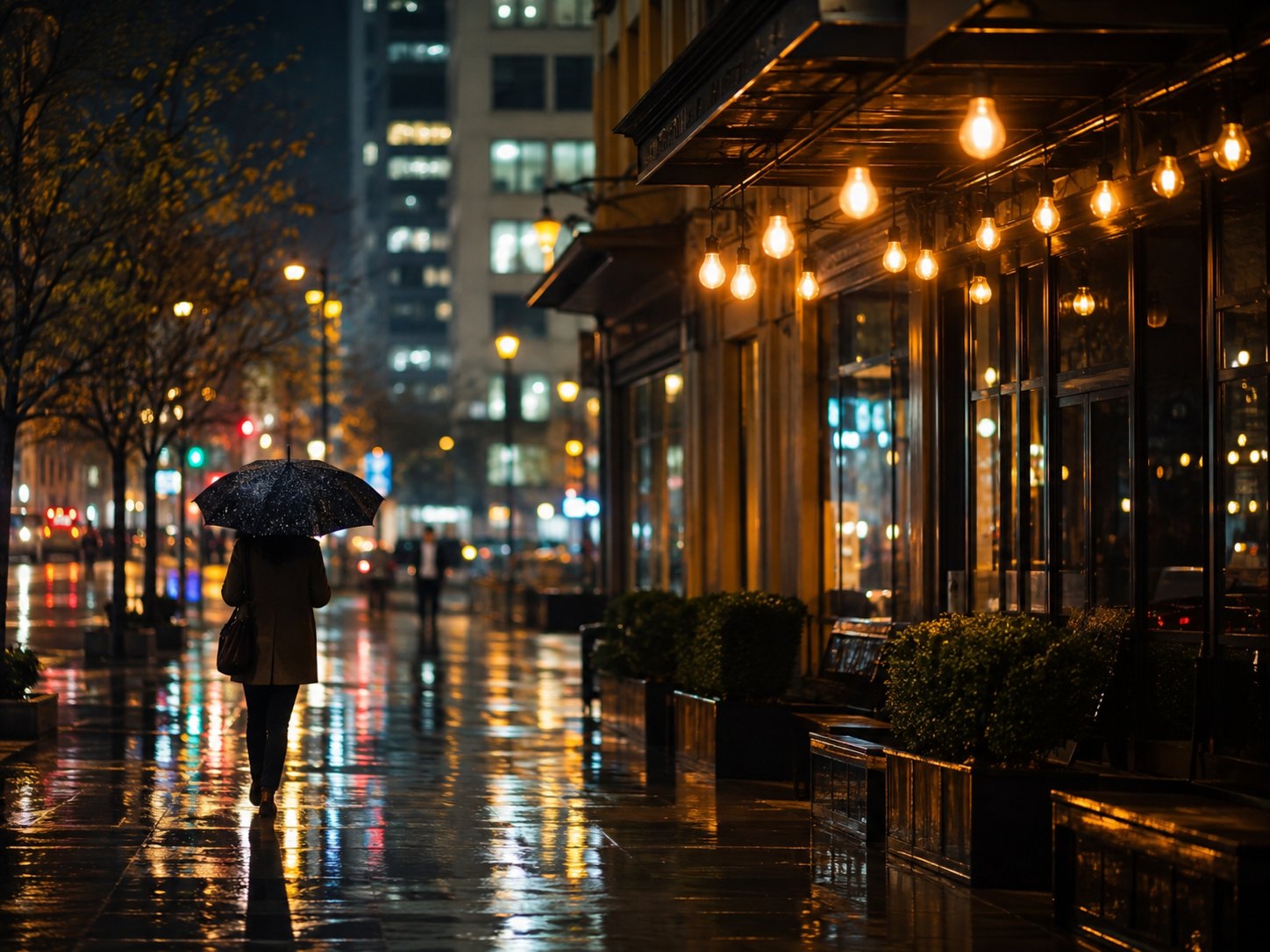 A lively old town street with cafés and evening pedestrians