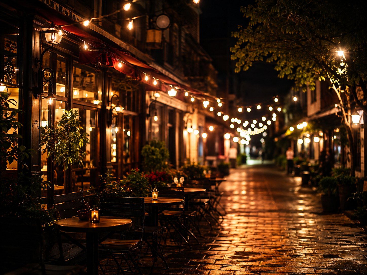 Outdoor café tables beneath warm string lights on a wet street