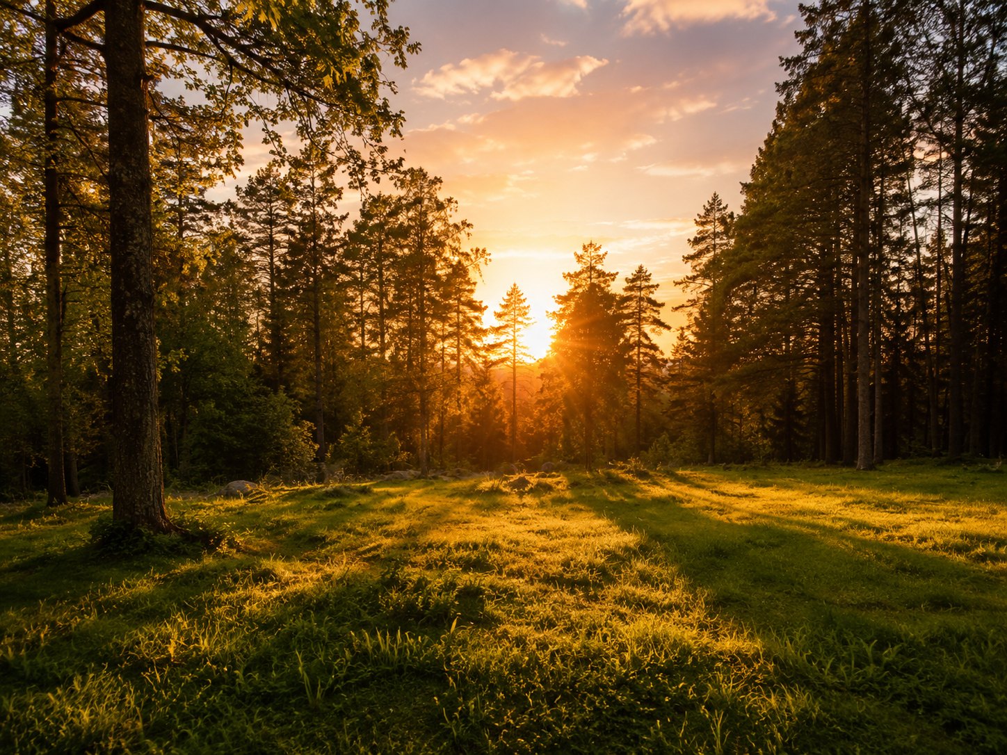 Golden sunset light crossing a grassy forest clearing