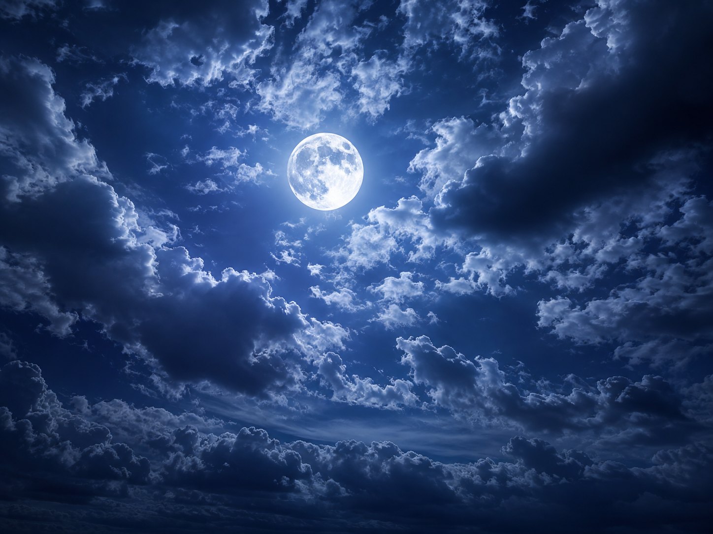 A bright full moon surrounded by dramatic blue clouds