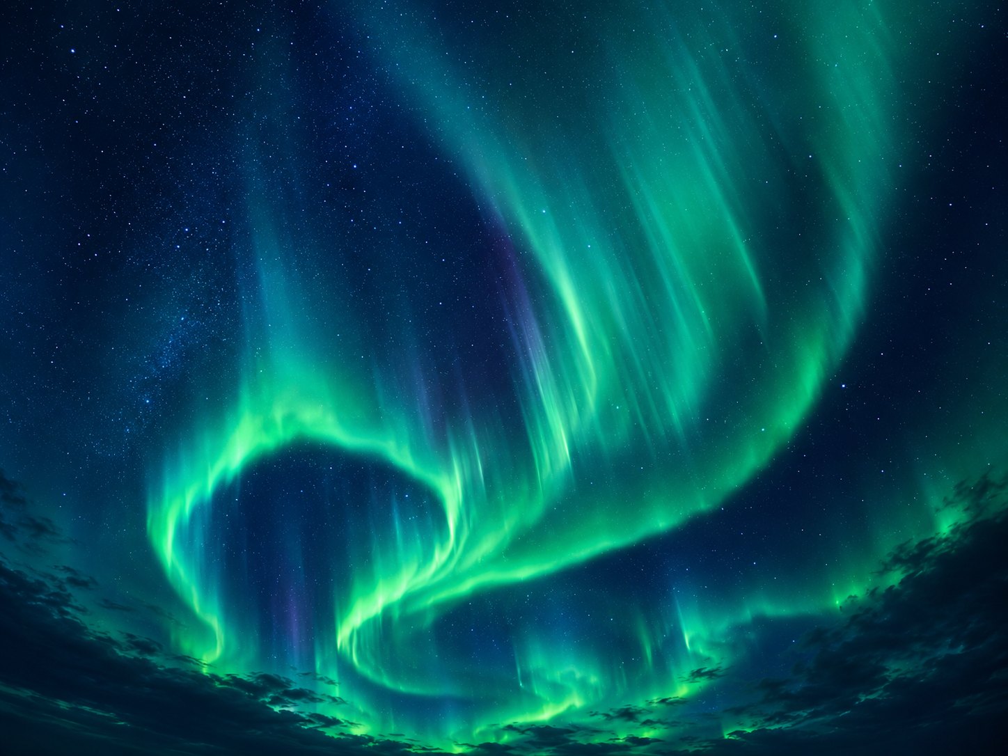 Green aurora moving across a star-filled night sky